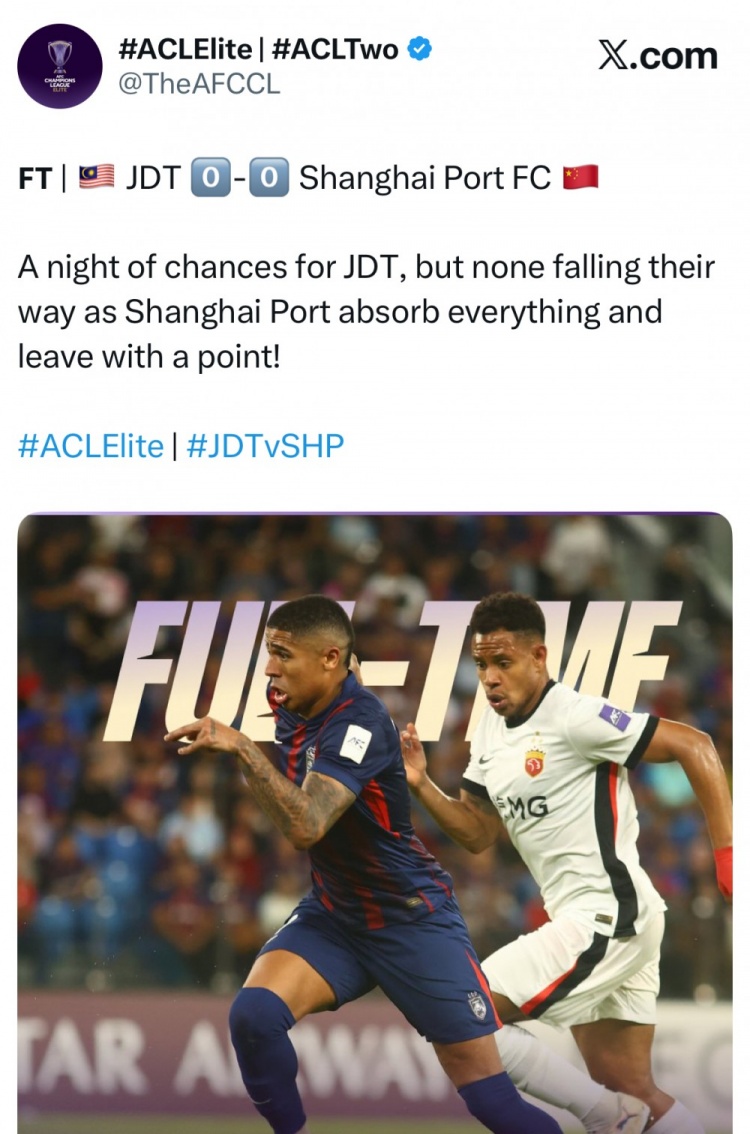 亚冠官推报道：海港化解了柔佛雨点般的进攻机会，客场带走1分！