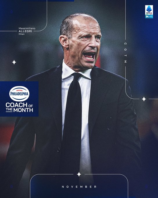 带队3胜1平，官方：米兰主帅阿莱格里当选意甲11月最佳主帅