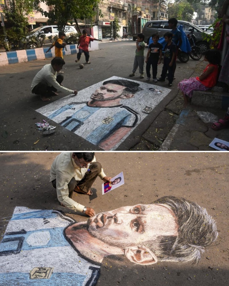 [新闻简讯]印度球迷在地上画画欢迎梅西，✌️商贩现场售卖梅西球衣(图1)