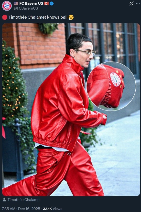 美国知名演员“甜茶”戴拜仁手套，拜仁官推：查拉梅很懂球