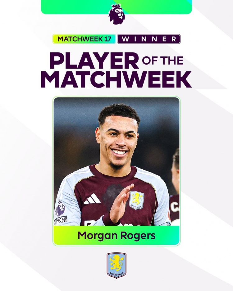 双响击败曼联！罗杰斯当选英超第17轮最佳球员