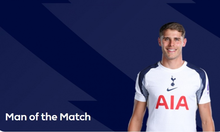 11解围+2抢断！官方：范德芬当选热刺vs水晶宫全场最佳球员