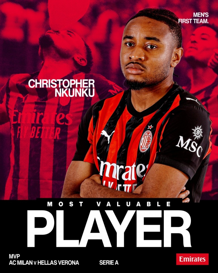梅开二度！米兰官方：恩昆库当选米兰3-0维罗纳一役队内最佳球员