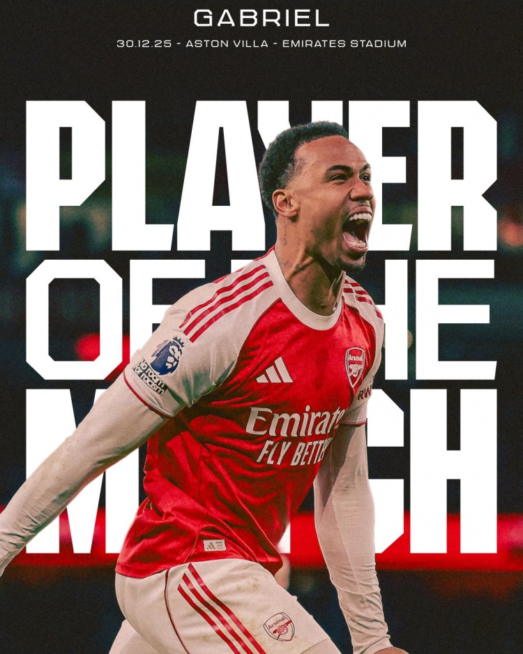 [体育资讯]官方：加布里埃尔当选阿森纳4-1维拉的队内最佳球员(图1)