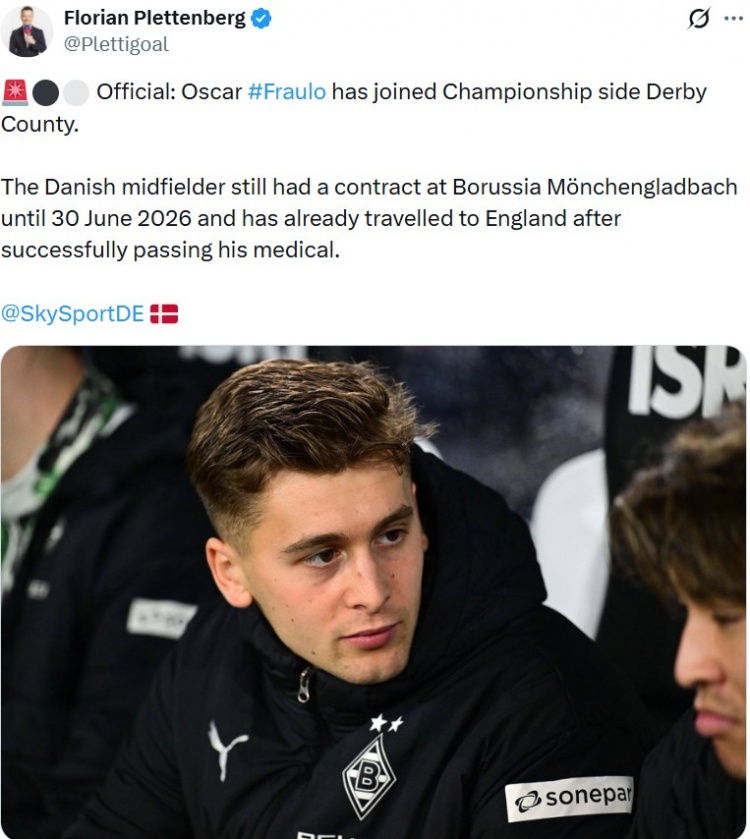 德天空：门兴中场弗劳洛正式加盟德比郡，已顺利通过体检