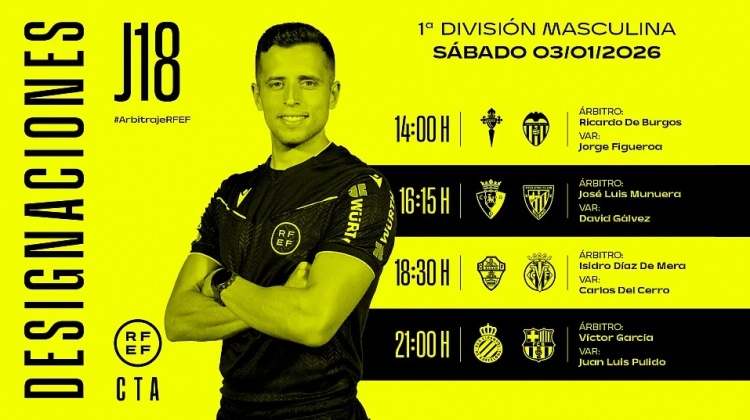 西甲第18轮部分裁判安排：维克托·加西亚执法巴萨客战西班牙人