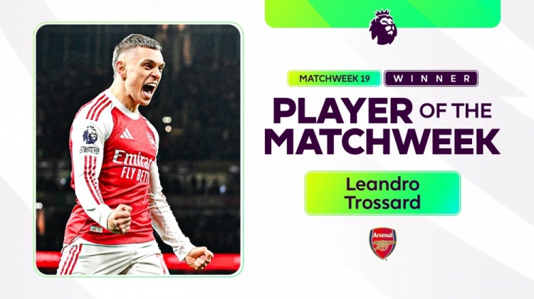 官方：阿森纳前锋特罗萨德当选英超第19轮最佳球员