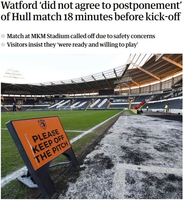 【体育资讯】赫尔城赛前18分钟通知比赛取消，沃特福德不满：谁