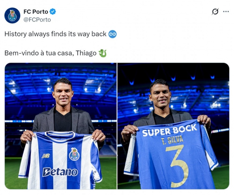 传奇归来！波尔图官方社媒晒蒂亚戈·席尔瓦亮相照片