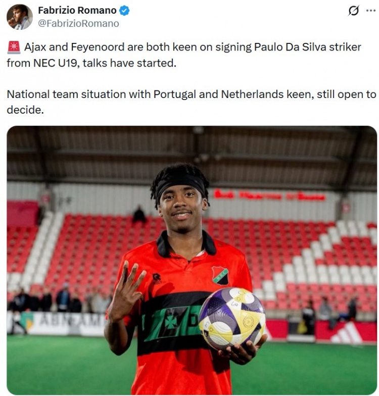羅馬諾：阿賈克斯、費耶諾德有意鋒線小將保羅·達席爾瓦