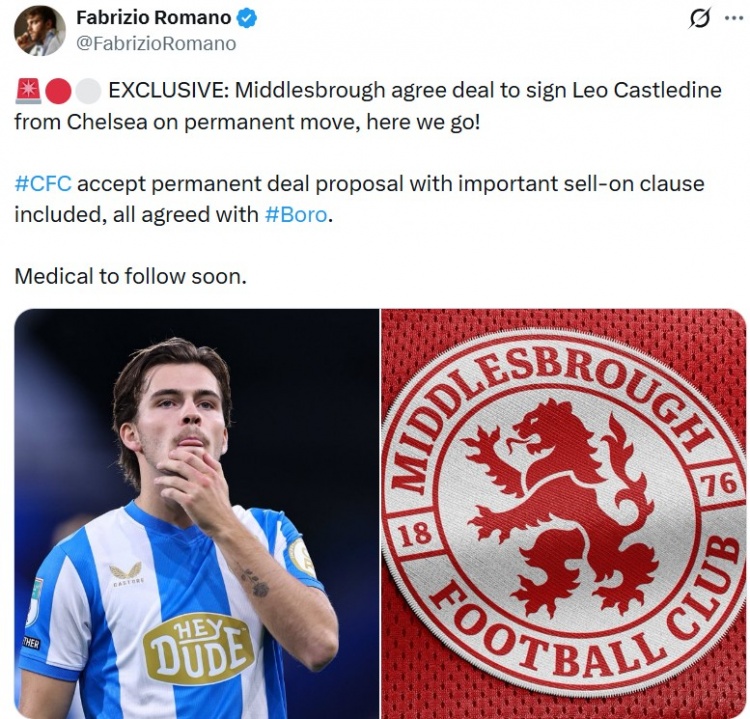 Here we go！羅馬諾：米德?tīng)査贡⒑炏虑袪栁?0歲小將卡斯特丁