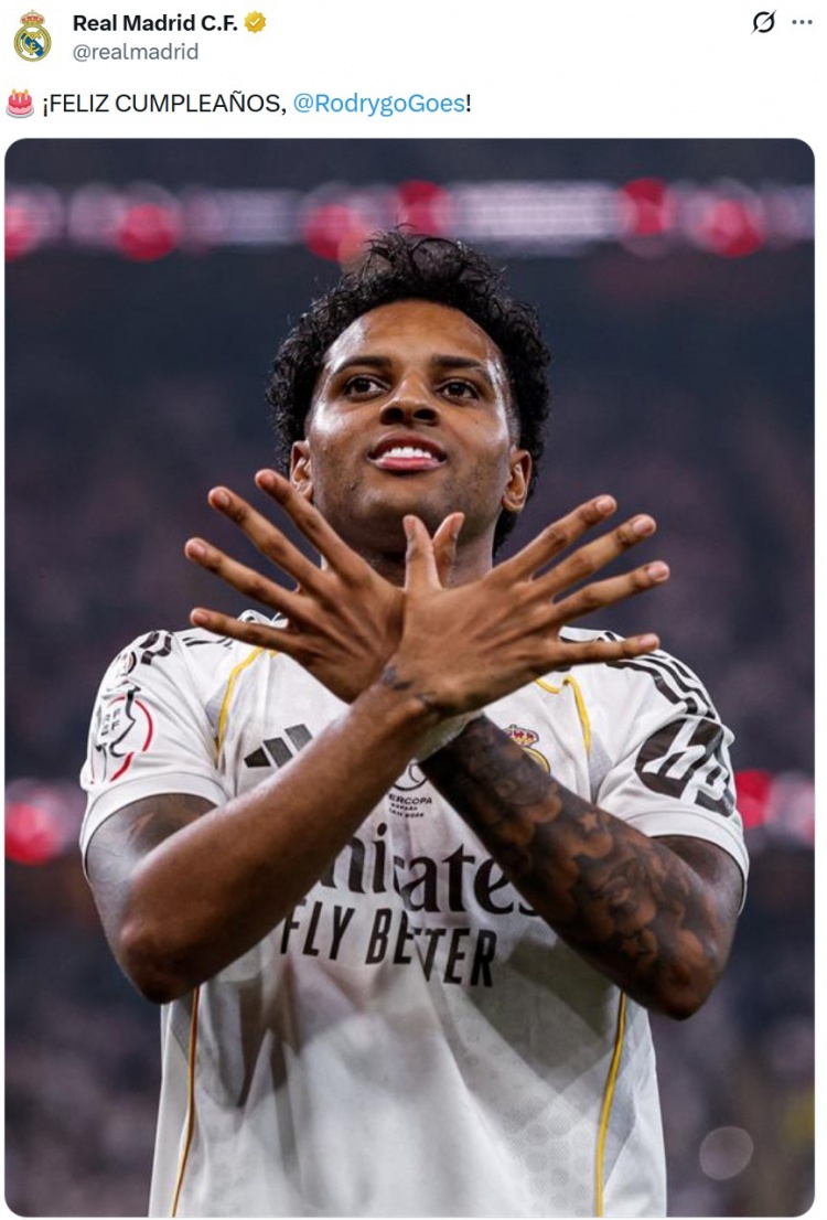 皇馬祝羅德里戈25歲生日快樂，球員加盟以來出戰(zhàn)293場71球57助