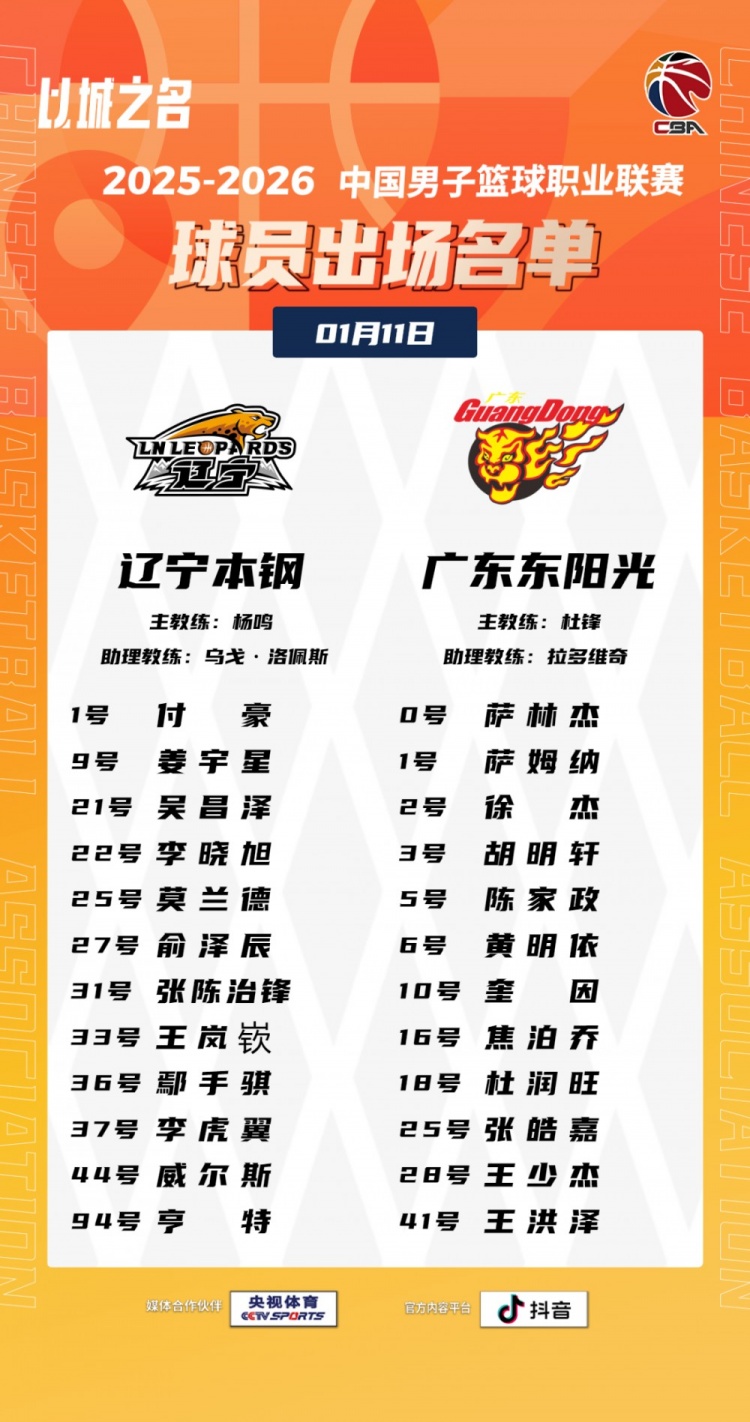 遼粵大戰(zhàn)大名單：付豪姜宇星&徐杰胡明軒分別領(lǐng)銜 亨特在列