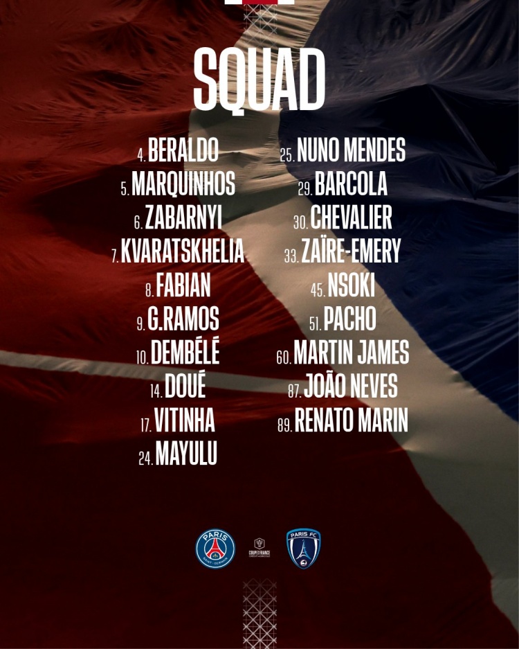 巴黎法國(guó)杯大名單：登貝萊領(lǐng)銜，杜埃、維蒂尼亞、K77在列