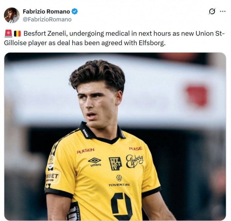 羅馬諾：圣吉羅斯引進(jìn)瑞典國腳澤內(nèi)利達(dá)成協(xié)議，幾小時內(nèi)體檢