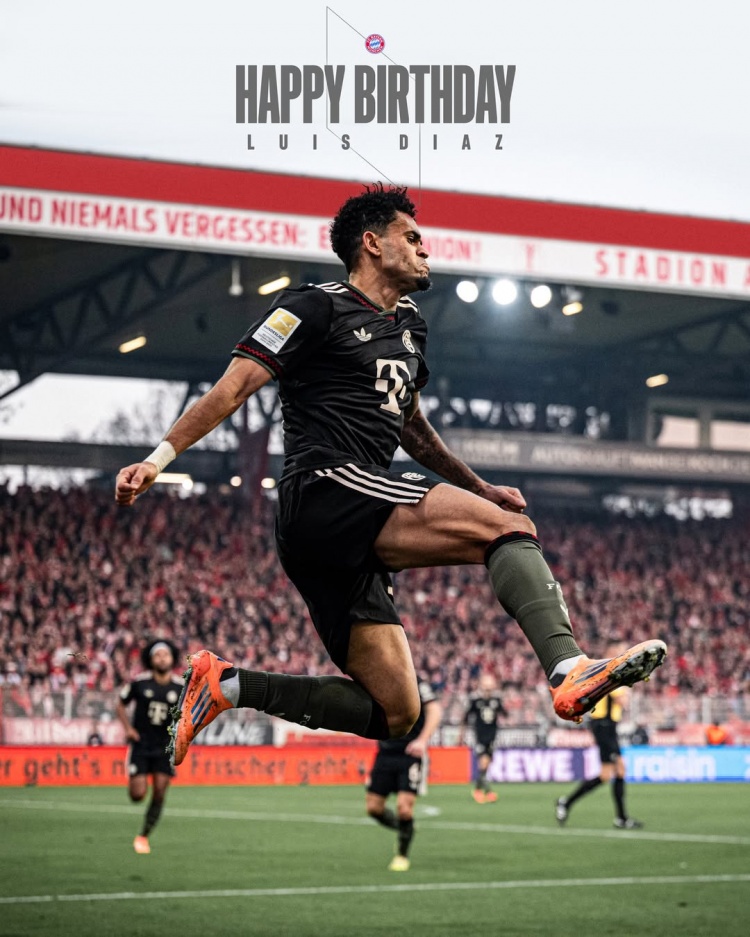 今天迪亚斯29岁生日，拜仁社媒：生日快乐🥳我们都在为你庆祝！