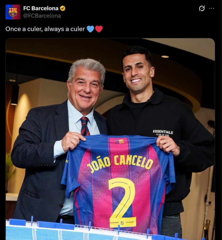 回归！巴萨官方：租借加盟的31岁边后卫坎塞洛将再次身披2号球衣