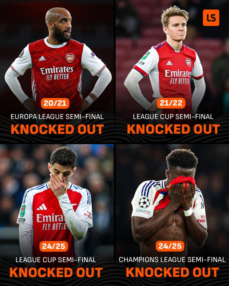 阿森納近4次參加半決賽皆出局，創(chuàng)造隊(duì)史半決賽連續(xù)出局紀(jì)錄