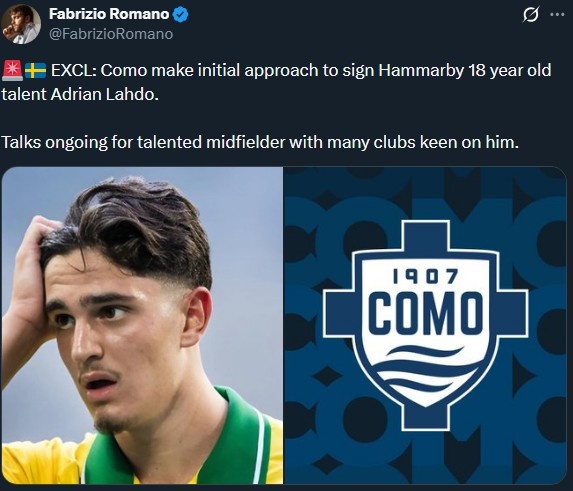 羅馬諾：科莫初步接觸哈馬比18歲天才中場(chǎng)拉赫多，談判正在進(jìn)行中