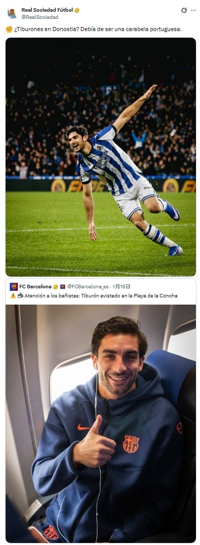 [赛事新鲜事]⚽巴萨社媒赛前称鲨鱼出没，皇社赛✨后调侃：那是