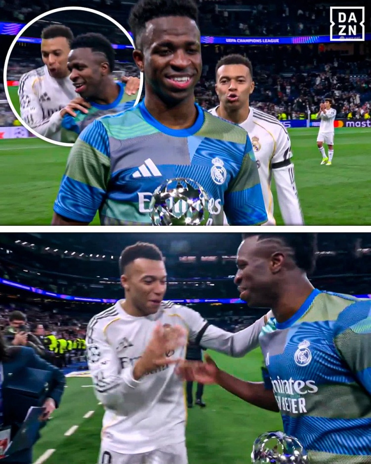 转播方：维尼修斯获MVP后，姆巴佩最先上前祝贺他