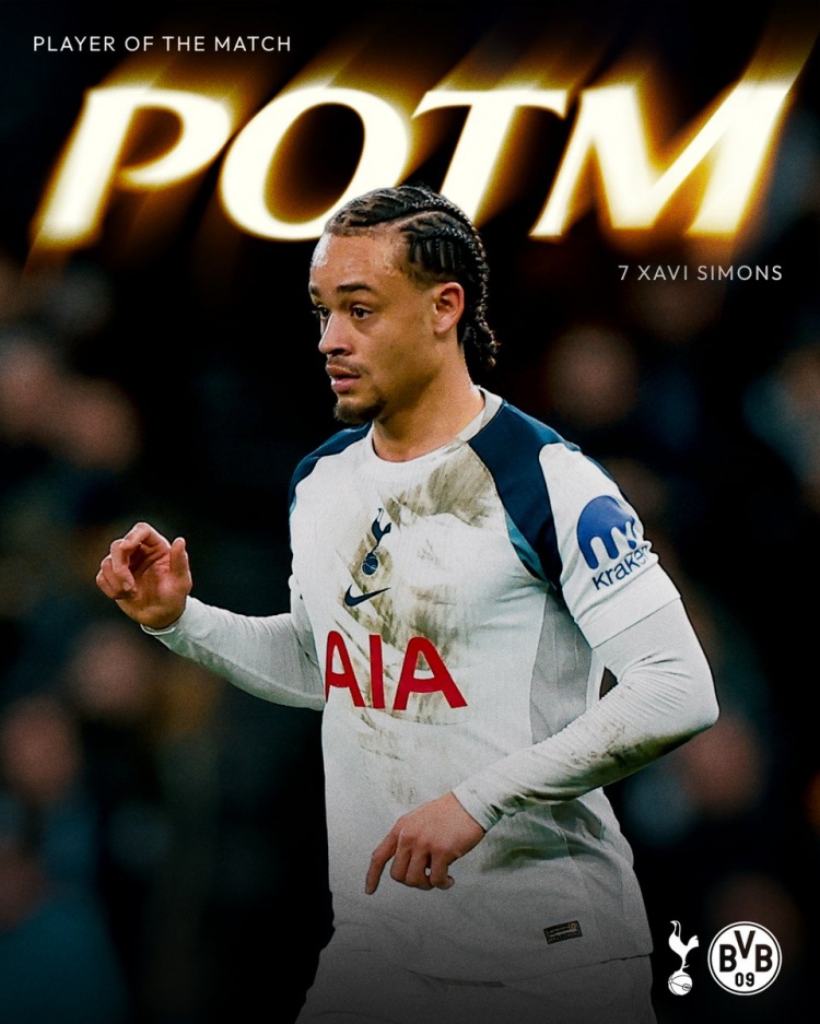 官方：哈维·西蒙斯当选热刺2-0多特蒙德的队内最佳