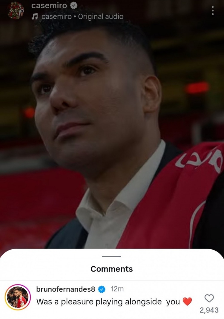 好搭档！B费现身卡塞米罗社媒评论区：很高兴和你并肩作战