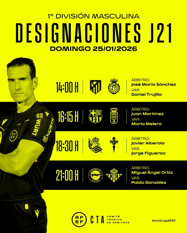 西甲第21轮部分场次裁判安排：胡安·马丁内斯执法巴萨vs奥维耶多
