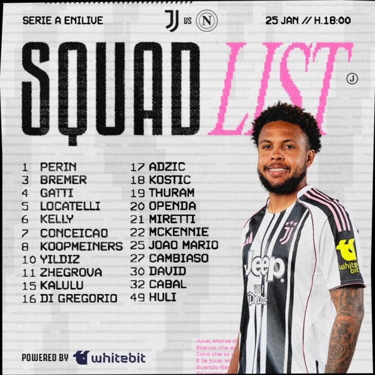 尤文对阵那不勒斯大名单：伊尔迪兹、戴维、麦肯尼、加蒂在列