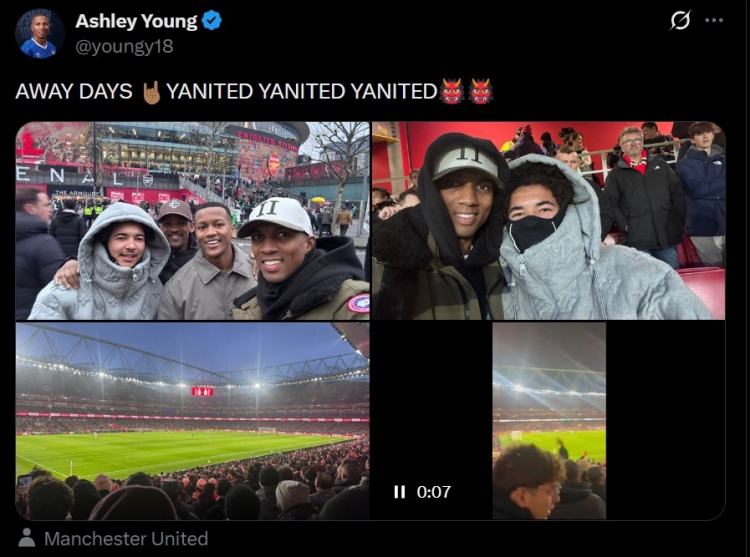 现场见证曼联3-2战胜阿森纳！阿什利·扬社媒晒照：客场远征日！