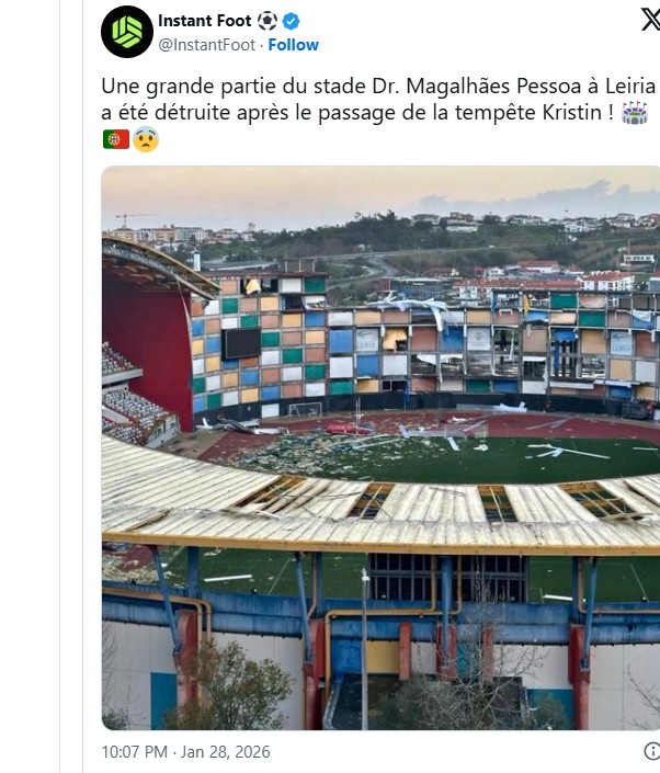 太阳报：葡萄牙遭风暴摧残，多人遇难、昔日欧洲杯球场严重损毁