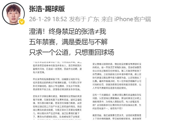 张浩回应踢假球：李帅只是要求全力踢球，没有让踢假球的指示