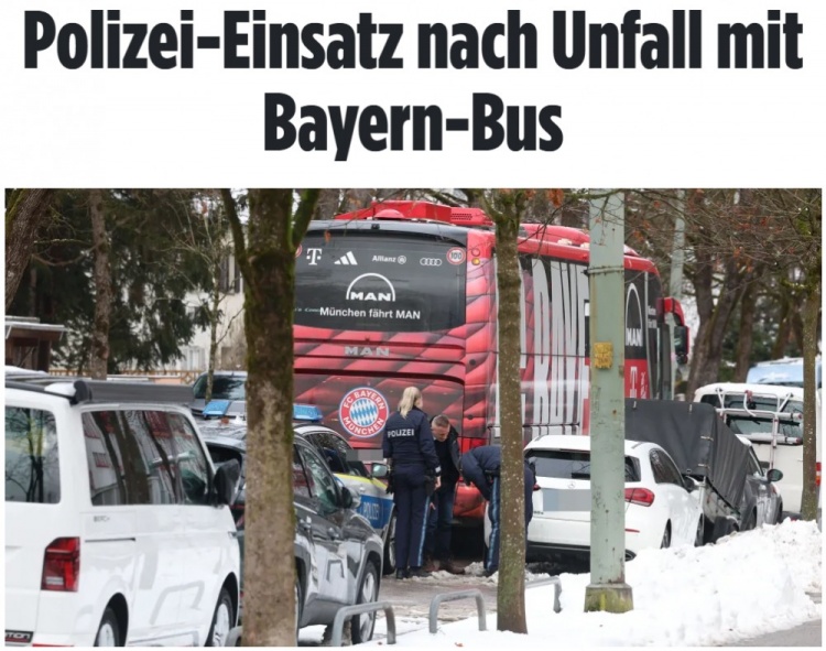 图片报：拜仁大巴与一辆奔驰车发生剐蹭，大巴上载着孔帕尼等人