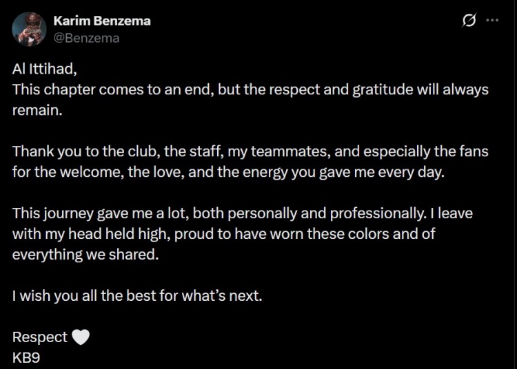 本泽马社媒告别吉达联合：我昂首离开，为曾身披这身球衣感到自豪