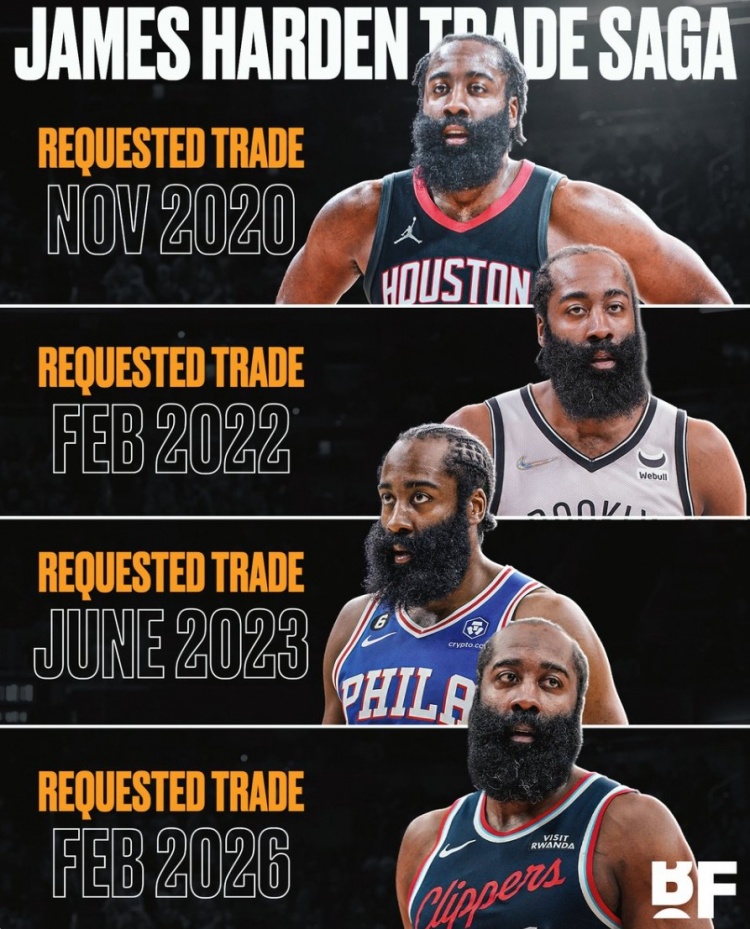 【篮球】颠沛流离！回顾哈登生涯4次主动易主 6年5队0冠&在骑士能否圆梦？(图1)