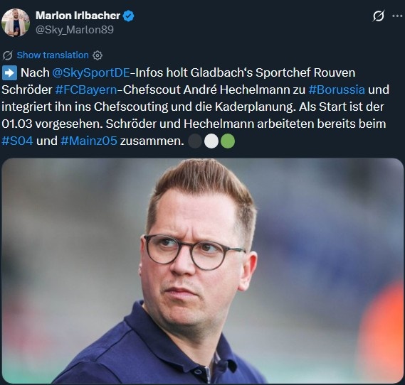 德天空：门兴挖角了拜仁首席球探，让他融入球探体系和阵容规划中