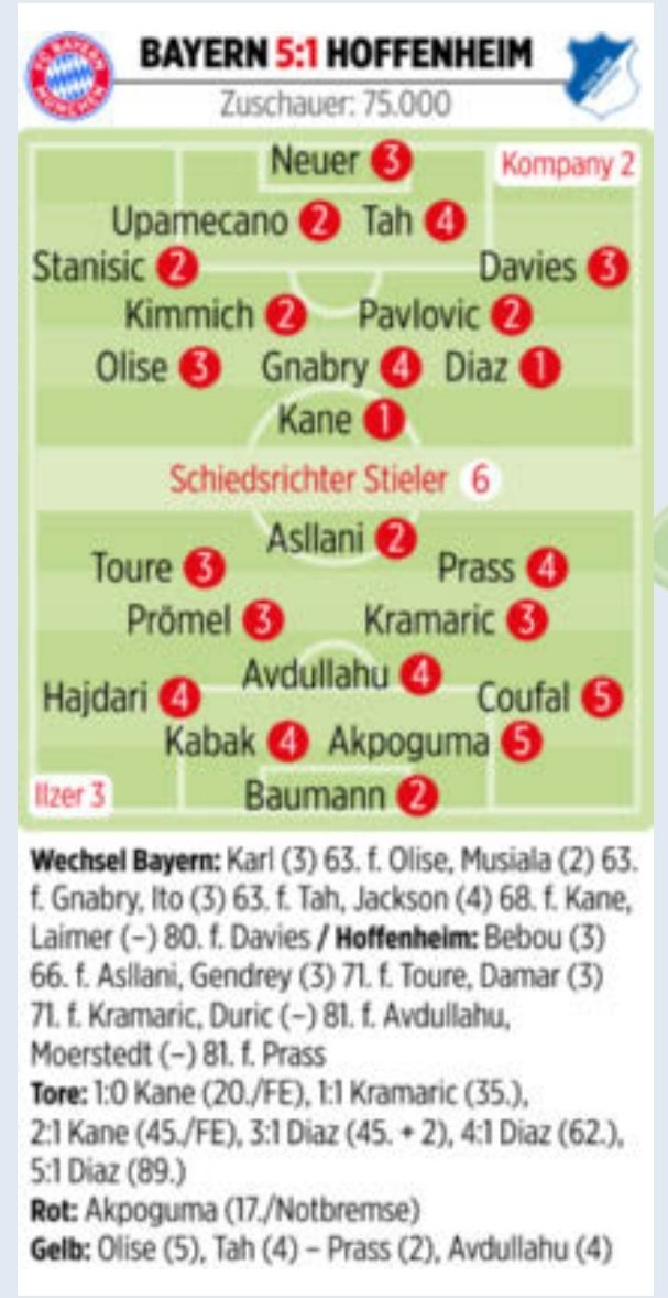 拜仁vs霍芬海姆图片报评分：凯恩、迪亚斯1分最高，格纳布里4分