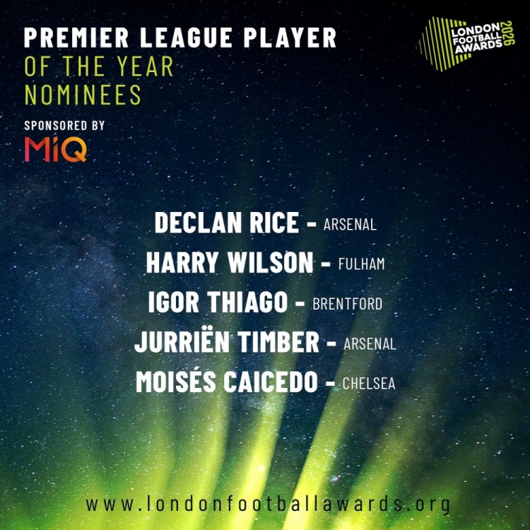 伦敦足球奖年度最佳英超球员候选：赖斯、廷伯、凯塞多在列