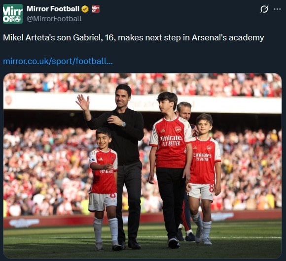 镜报：阿尔特塔长子加布里埃尔被征召参加阿森纳U18比赛