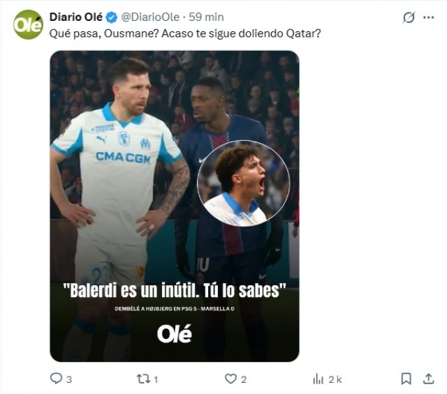 登贝莱嘲讽巴列尔迪，令阿根廷媒体愤怒：还在为世界杯决赛难受？