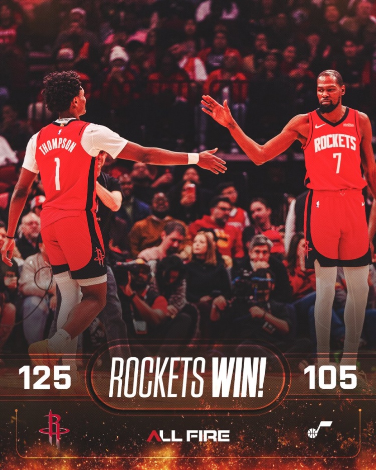 [精彩资讯]取胜功臣！火箭官方赢球海报封面：阿门与杜兰特击掌