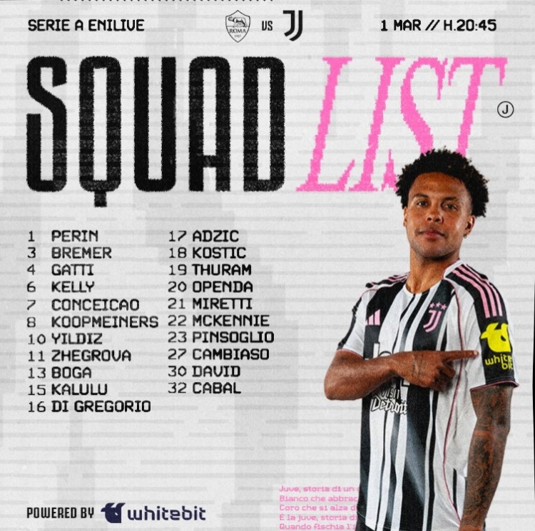 [体育报道]尤文客战罗马名单：伊尔迪兹领衔，洛卡特利、弗拉霍