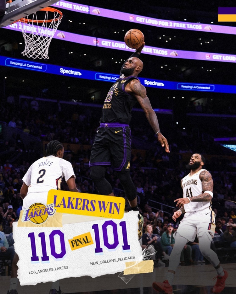 [体育报道]三连胜！湖人发布赢球海报：封面为詹姆斯起飞单臂暴