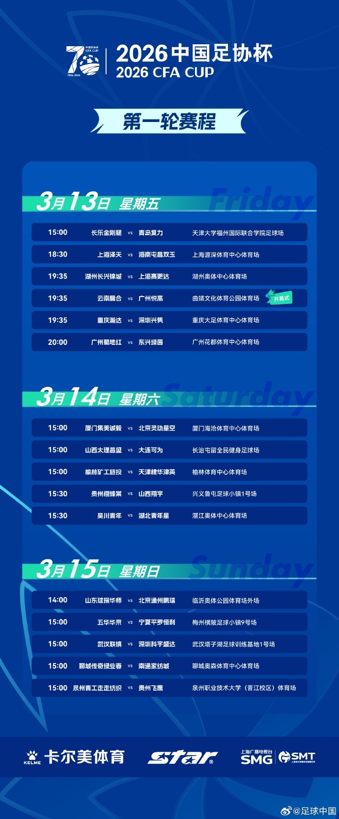 [今日体讯]足协杯首轮赛程：3月13日至3月15日，32支球