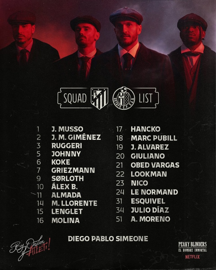 马竞对阵赫塔费名单：阿尔瓦雷斯、卢克曼在列，奥布拉克伤缺