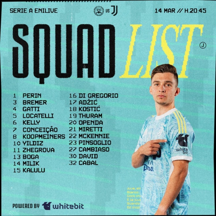 [体育微观察]尤文对阵乌迪内斯名单：伊尔迪兹、米利克、戴维在