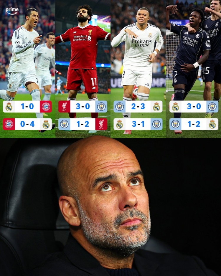  瓜迪奥拉执教生涯第4次欧冠淘汰赛遭双杀，其中3次是对阵皇马