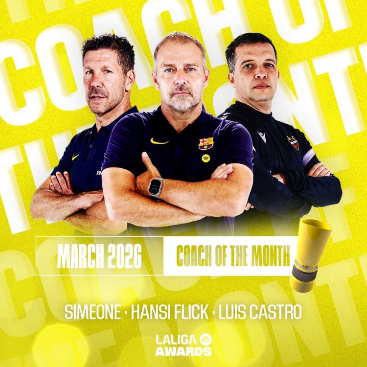 西甲3月最佳教练候选：西蒙尼、弗里克、路易斯·卡斯特罗