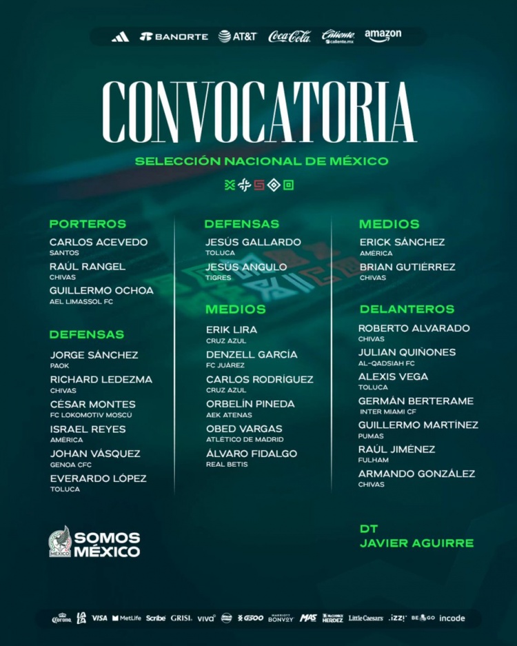  墨西哥国家队名单：40岁门将奥乔亚回归，贝尔特拉梅在列