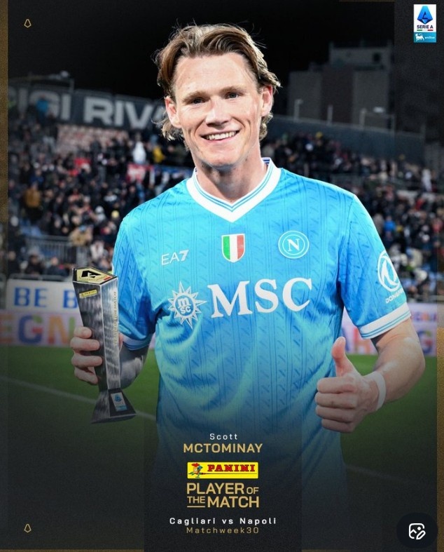 开场闪击！官方：麦克托米奈当选那不勒斯1-0卡利亚里全场最佳